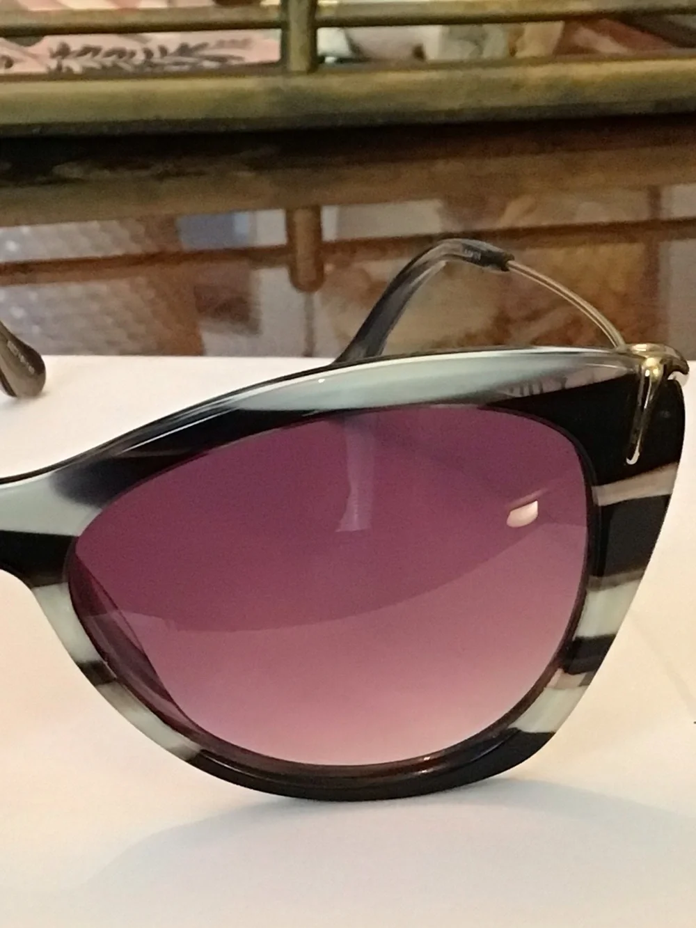 Elizabeth and James Black & White Striped Cat-Eye Sunglasses with Purple Lenses